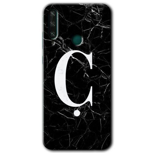 Huawei Y6P Kılıf HD Desen Baskılı Arka Kapak - Siyah Mermer Desenli Ç Harfi + Kırılmaz Cam