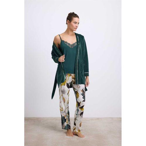 Kadın Kadife Sabahlık, Dantelli Atlet Ve Desenli Pantolon Pijama Takım