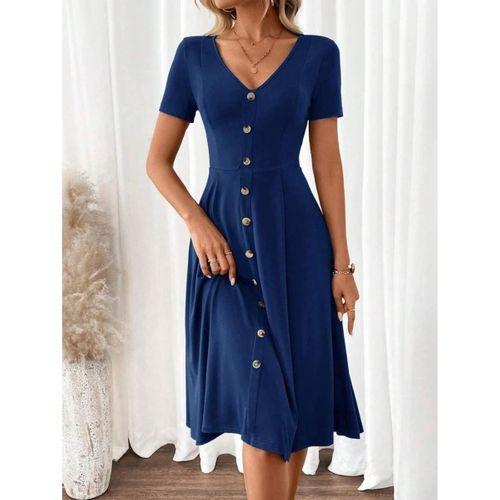 Kadın Kısa Kollu V Yakalı önden Düğmeli A Kesim Dokuma Elbise