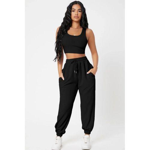 Kadın Siyah Premium Görünümlü Kaşkorse Cepli Jogger Eşofman Altı Ve Crop Top Bluz Takımı