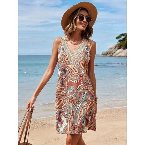 Kadın Kısa Kollu Dantel V Yakalı Desenli Süprem Elbise