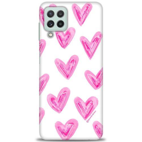 Samsung Galaxy M22 Kılıf HD Baskılı Kılıf - Pembe Kalpler + Tam Ekran Koruyucu