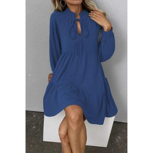 Kadın Uzun Kollu Yakadan Bağcıklı Fırfırlı Keten Mini Elbise