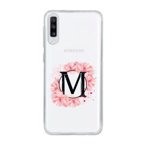 Samsung A70 Pembe Çiçek Desen M Harfli Şeffaf Kılıf