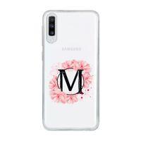 Samsung A70 Pembe Çiçek Desen M Harfli Şeffaf Kılıf