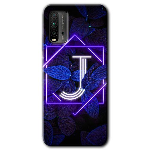 Xiaomi Redmi 9T Kılıf HD Desen Baskılı Arka Kapak + Temperli Cam - Dark Neon Yaprak J Harfi