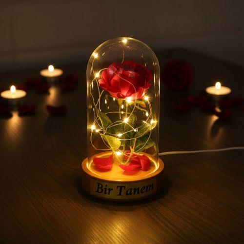 Gül Yapraklı Ledli Gül Fanus