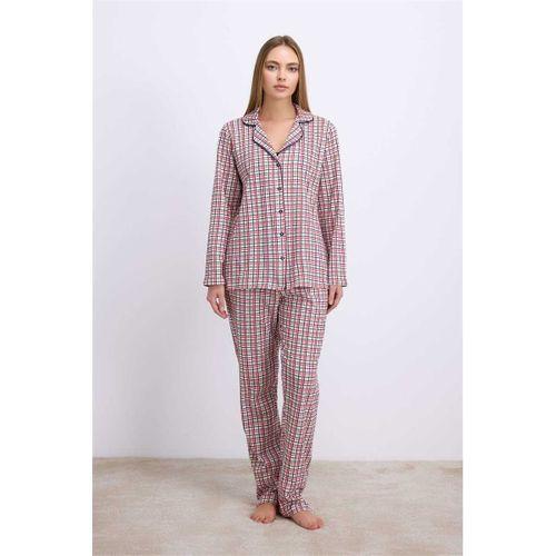 Kadın Pamuklu Uzun Kol Düğmeli Gömlek Ve Ekose Pantolon Pijama Takımı Zasız Şıklık