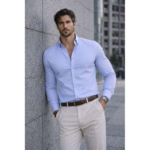 Likralı Regular Fit Nefes Alabilir Klasik Erkek Oxford Gömlek - Açık Mavi