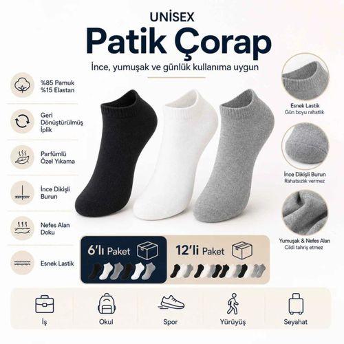 Unisex Dikişsiz Patik Çorap 12'li | %85 Pamuklu Geri Dönüşüm İplikli, Nefes Alan Spor