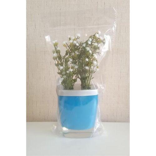 2 Adet Vazo Dahil,Vazoda Çiçek,Beyaz Yapay Çiçek,Vazo Dekoratif Gri Mavi Poliresin 8X4X16Cm