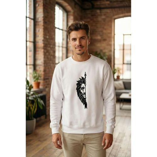 Sevgililer Günü Özel Bisiklet Yaka Aslan Baskılı Oversize Sweatshirt - Beyaz