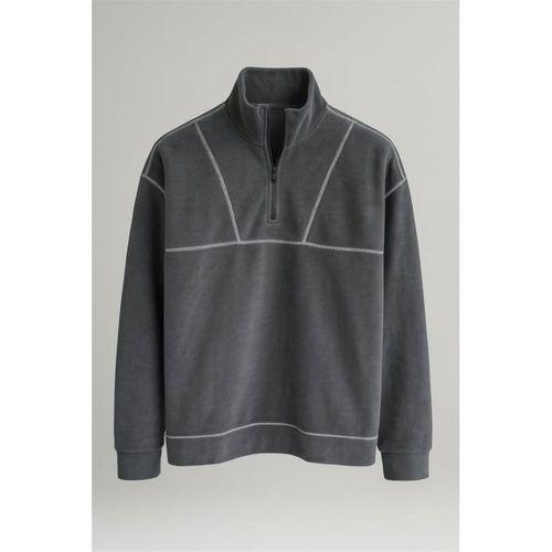 Crowe Çizgi Şeritli Oversize Yarım Fermuar Polar Erkek Sweatshirt - Füme