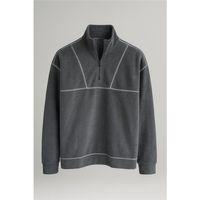 Crowe Çizgi Şeritli Oversize Yarım Fermuar Polar Erkek Sweatshirt - Füme