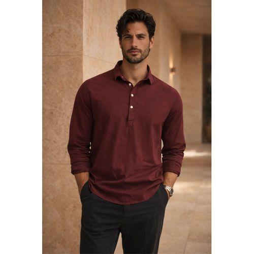 Yarım Pat Yakalı York Pamuk Kumaşlı Uzun Kollu Erkek Gömlek - Bordo
