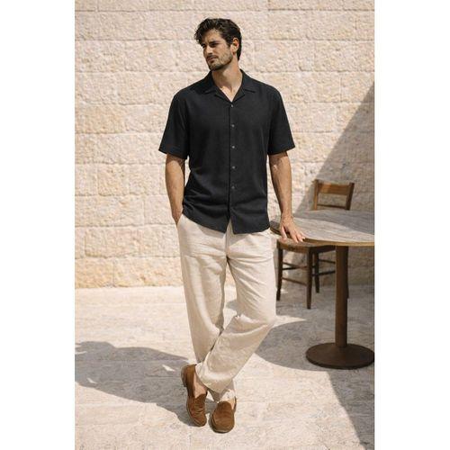 Doris Oversize Kalıp Odessa Kumaş Resort Yaka Kısa Kollu Erkek Gömlek - Siyah