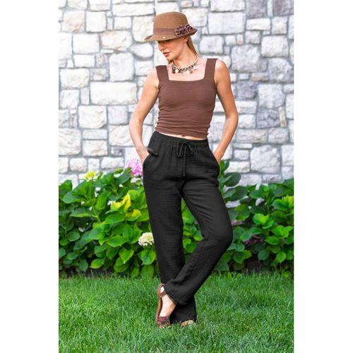 Beli Lastikli Multi Çift Cepli Müslin Kadın/Erkek Unisex Yazlık Pantolon Siyah Syh
