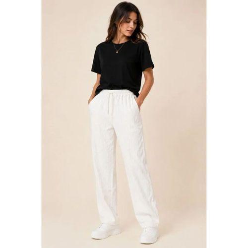 2li Bürümcük Kumaş Beli Lastikli Bağcıklı Bol Paça Pantolon - Beyaz/Vizon