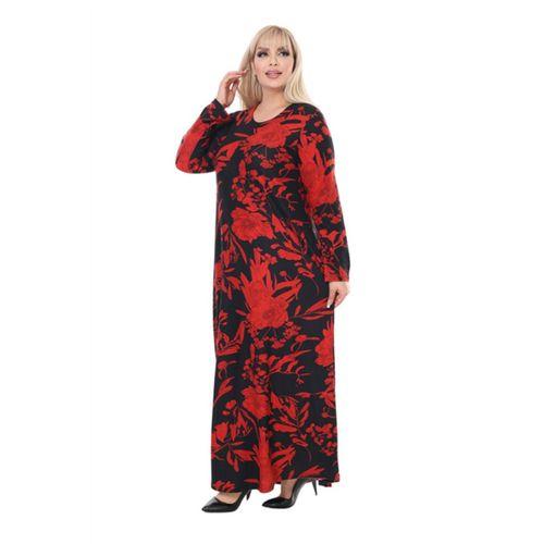 Melsay Butik Yumoş Kumaş Kırmızı Tropik Desen Uzun Kollu Kadın Tesettür Elbise