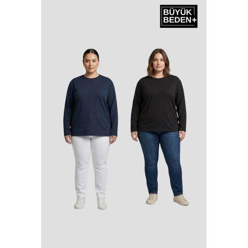 Kadın Büyük Beden 2 li Set Uzun Kollu 2 İplik Bisiklet Yaka Tişört SPR26BEA942+2