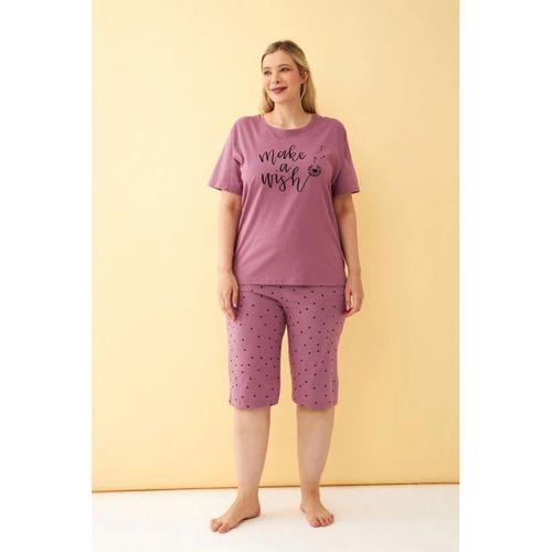 Kadın Mürdüm “make A Wish” Yazılı Büyük Beden Kapri Pijama Takımı