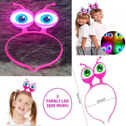 Led Işıklı & Pilli 3 Farklı Modda Yanan Uzaylı Göz Parti Tacı Pembe Renk 18x12 cm