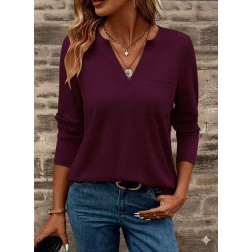 Kadın Uzun Kollu Cepli V Yakalı Viskon Iki Iplik Mürdüm Bluz