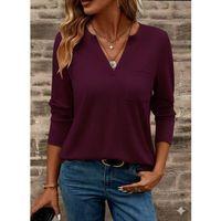 Kadın Uzun Kollu Cepli V Yakalı Viskon Iki Iplik Mürdüm Bluz