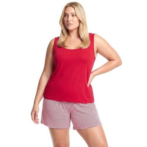 Kadın Büyük Beden Çizgili Cep Şortlu Pijama Takımı - Kırmızı