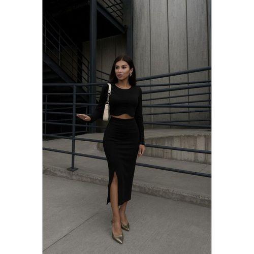 Kadın Uzun Kollu Bisiklet Yaka Kısa Krop Dalgıç Bluz Ile önden Yırtmaçlı Uzun Etek Ikili Takım