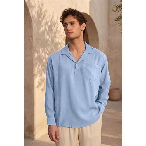 Sartre Apaş Yaka Tek Cepli İnce Modal Kumaş Oversize Uzun Kollu Yazlık Gömlek - Soğuk Mavi