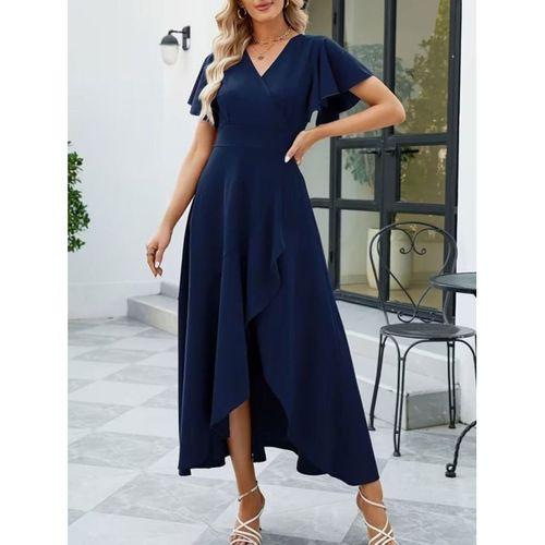 Kadın Kısa Kollu Kruvaze Yakalı ön Asimetrik Volanlı Uzun Ithal Krep Elbise