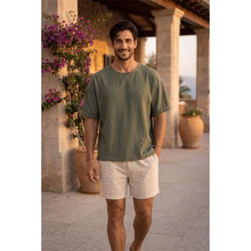 Godard Relax Fit %100 Pamuk Müslin Kumaş Duble Kol Bisiklet Yaka Erkek T-Shirt - Avcı Yeşili