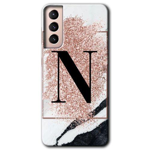 MRCİLETİSİM Samsung Galaxy S21 Plus Kılıf HD Desen Baskılı Arka Kapak + Temperli Cam - Pembe Mermer Desenli N Harfi