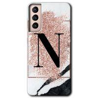 MRCİLETİSİM Samsung Galaxy S21 Plus Kılıf HD Desen Baskılı Arka Kapak + Temperli Cam - Pembe Mermer Desenli N Harfi