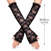 Uzun Zarif Dantel Eldiven Parmaksız Siyah