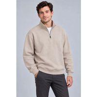 Erkek Üç İplik İçi Şardonlu Dik Yaka Yarım Fermuarlı Kışlık Sweatshirt - Bej