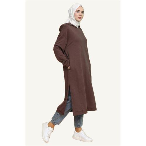 Atlas Kapşonlu Uzun Sade Basic Sweatshirt - 03007.028 - Kahverengi