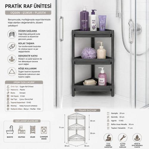 Gri Üçgen Çukur Pratik Raf Ünitesi Plastik