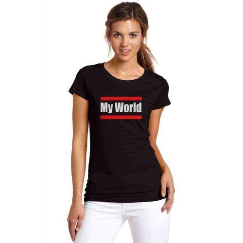 My World Baskılı Siyah Kadın Tshirt