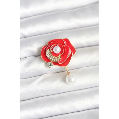 Kırmızı Gül İncili Model Broş