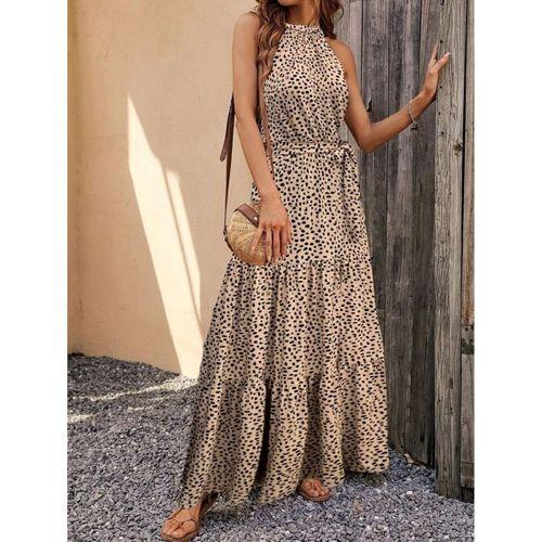 Kadın Kolsuz Halter Yaka Beli Lastiklileopar Desenli Mikro Elbise