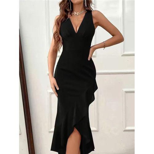 Kadın Askılı V Yakalı önden Fırfırlı Uzun Ithal Krep Elbise