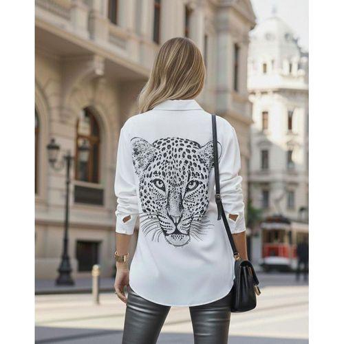 Kadın Leopar Baskılı Taş Işlemeli Jessica Kumaş Gömlek
