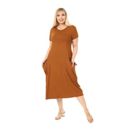 Melsay Butik Hardal Püsküllü Cepli Kısa Kollu Midi Elbise