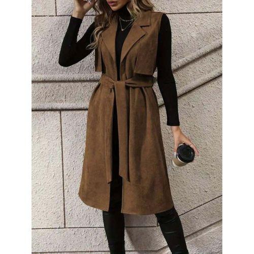 Kadın Kolsuz Yakalı önü Açık Belden Kuşaklı Süet Midi Yelek