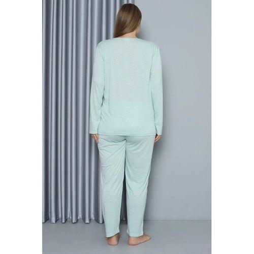 Kadın Büyük Beden Penye Uzun Kol Pijama Takım Su Yeşili