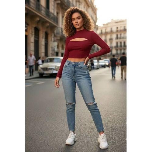 Kadın Bordo Modern Fit Göğüs Dekolteli Uzun Kollu Cut Out Crop Top Bluz