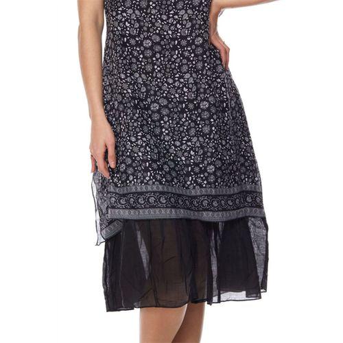 Siyah Çiçek Desenli Vual Midi Elbise-6098