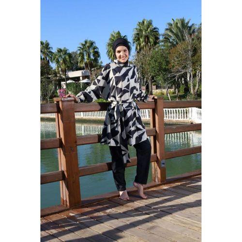 Estiva 26969 Siyah Abstract Tam Kapalı Pantolonlu Kuşak Detaylı Tesettür Mayo